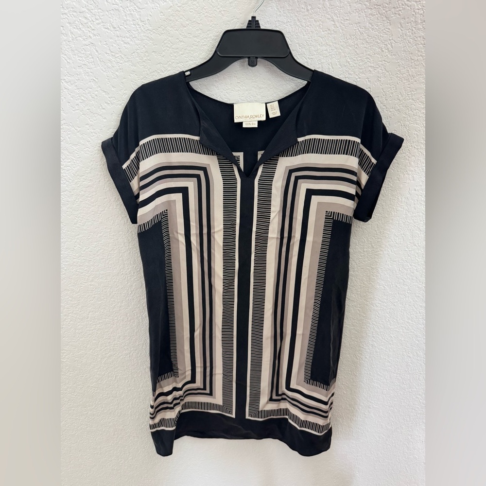Cynthia Rowley Black and Cream Graphic Silk Shift Dress